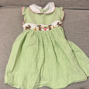 Girls' Light Green Gingham Smocked Bunny Dress with Peter Pan Collar